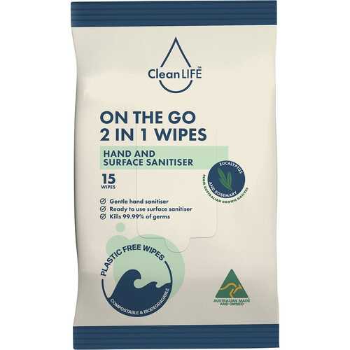 On The Go 2 in 1 Wipes - Hand & Surface Sanitiser x15