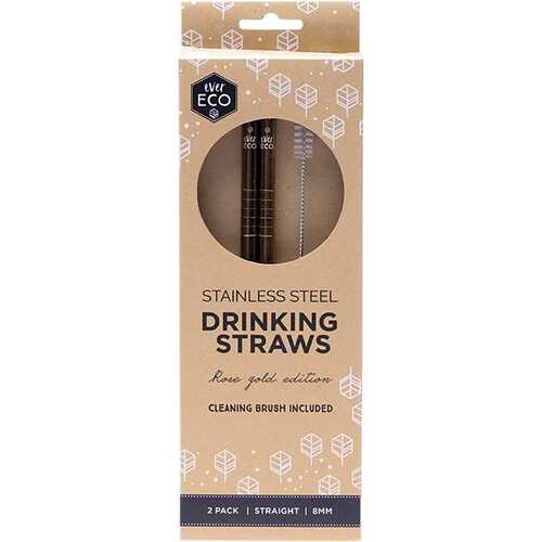 Straight Stainless Steel Straws - Rose Gold (+Brush) x2